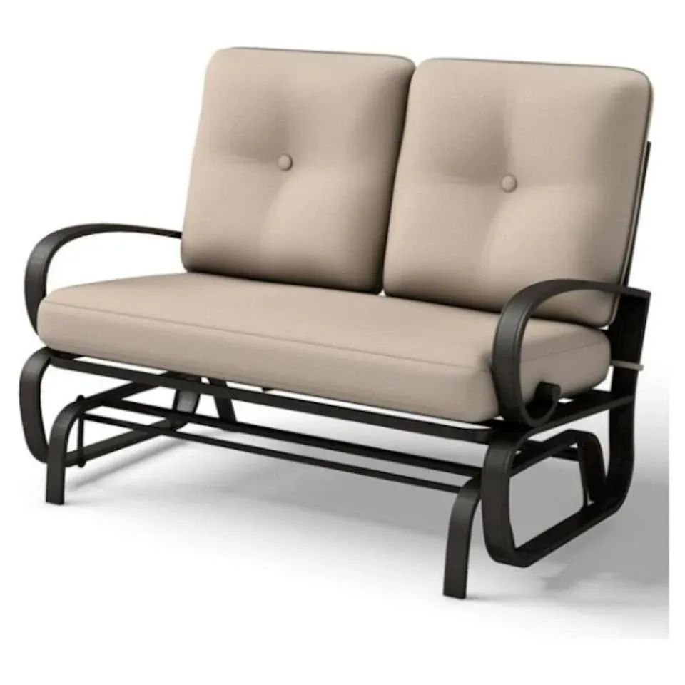 COSTWAY 2-Person Outdoor Swing Glider Chair Bench Loveseat Cushioned Sofa In Beige