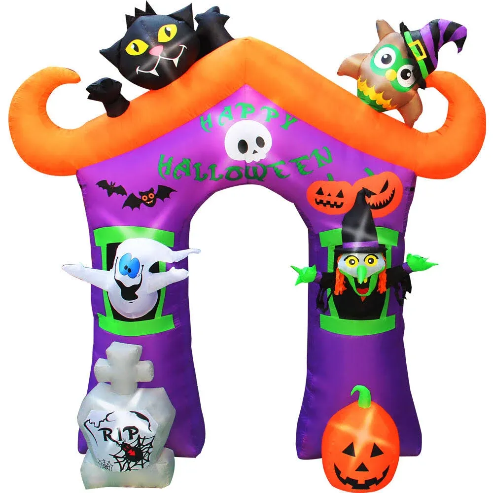 Haunted Hill Farm 9-ft. Inflatable Pre-Lit Arch with Ghost, Black Cat, and Pumpkin