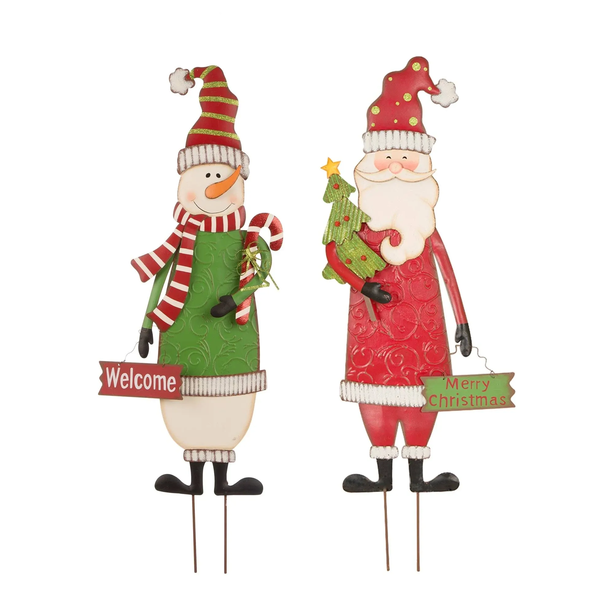 Glitzhome Set of 2 Metal Snowman & Santa Yard Stakes Welcome Sign Garden Lawn Patio Christmas Decor for Outdoor Stake Indoor Standing Decorations, 36" H