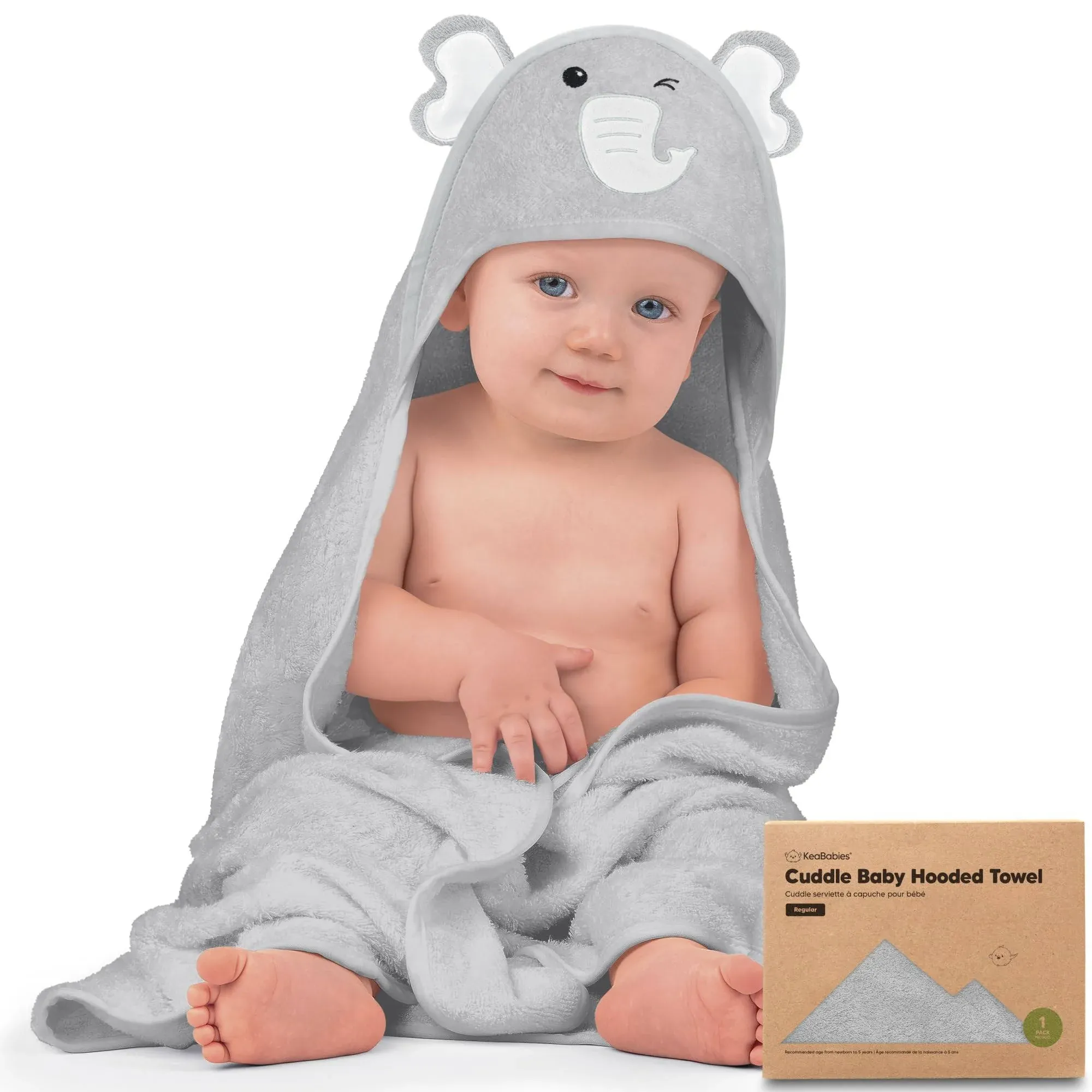 KeaBabies Cuddle Organic Bamboo Baby Hooded Towel - Elephant