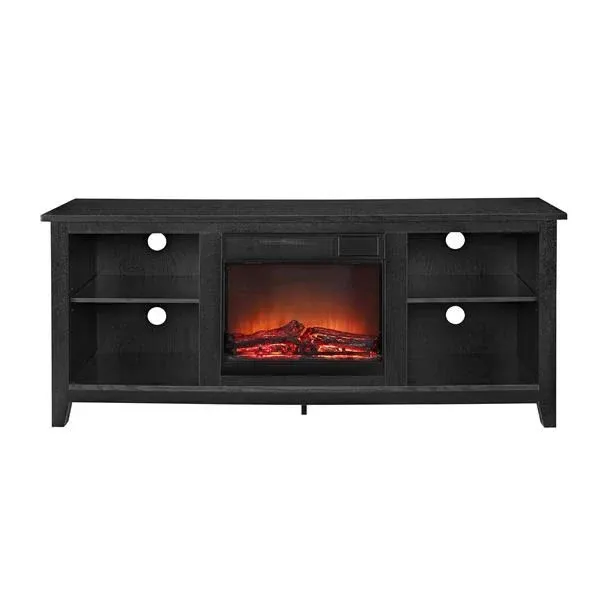 58&#034; Black Wood TV Stand w/Fireplace Insert