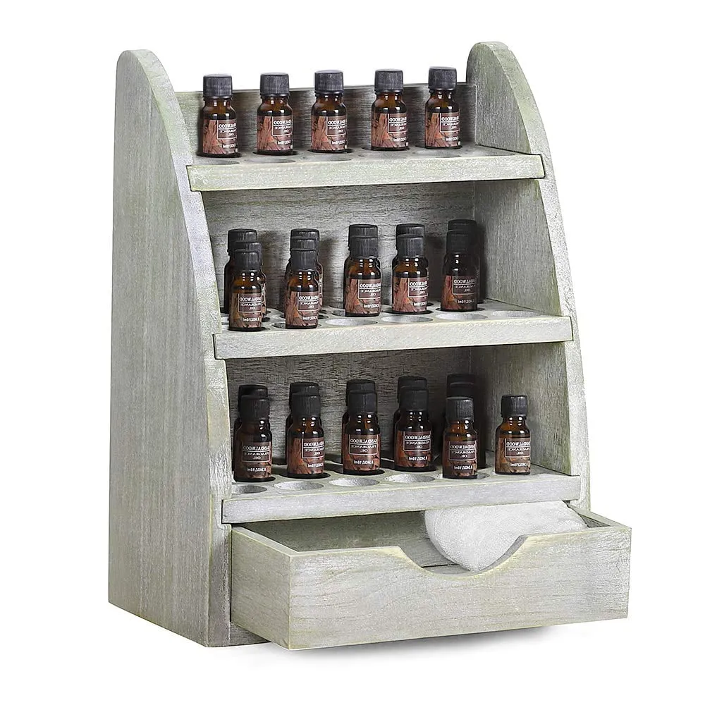 Essential Oils Storage Rack, Wooden Nail Polish Display Holder Organizer- 45 Slots for 10/15/20/30ml Bottles (Rustic Gray)