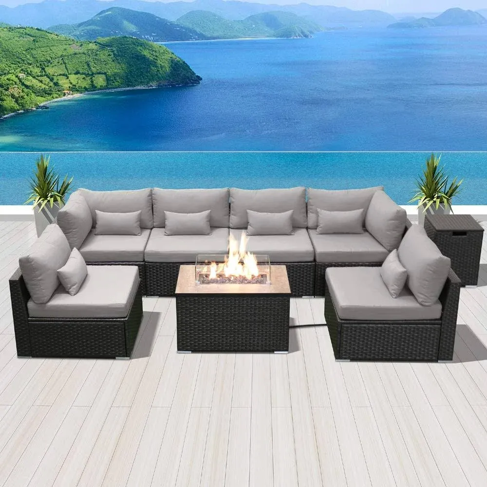 Fire Table Set Sectional Outdoor Furniture Propane Firepit Dark Brown Rattan Multi Colors Outdoor Sofa Set (Sofa Clips)