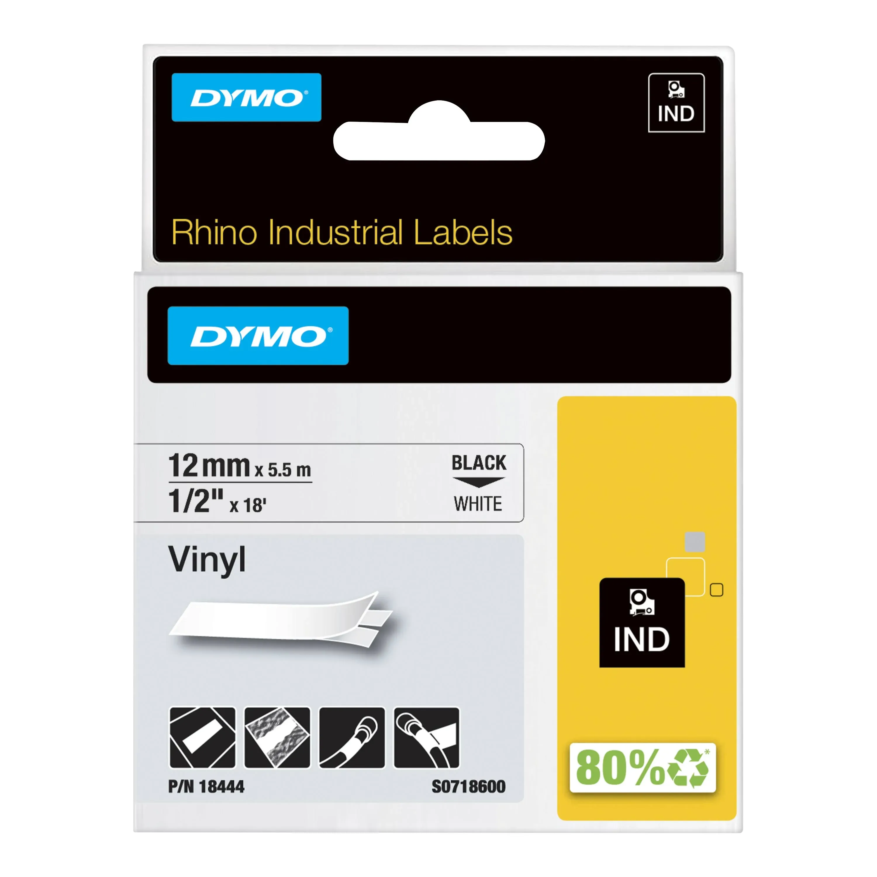 Dymo - IND Vinyl Labels 1/2" - Black on White