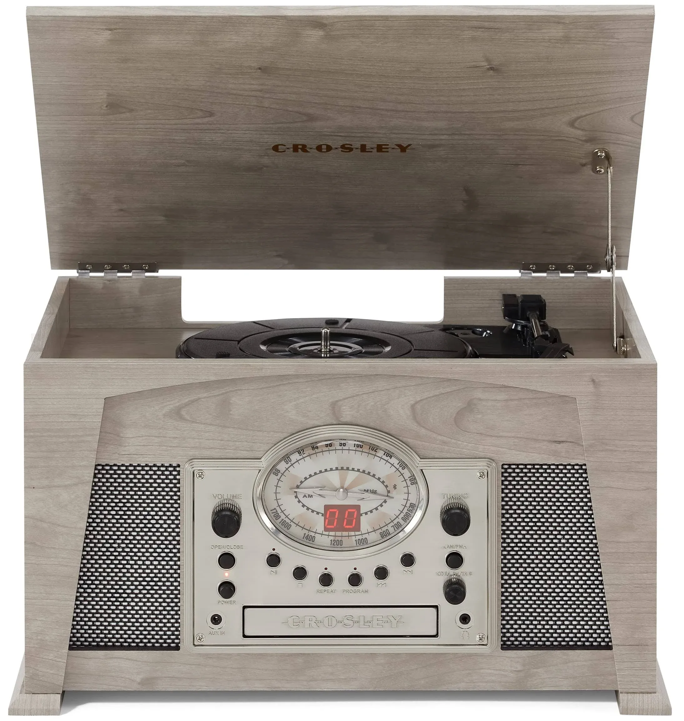 Crosley CR7015A-GY Medley 3-Speed Vinyl Record Player Turntable with Bluetooth, AM/FM Radio, CD Player, Cassette Deck, and Aux-in, Gray