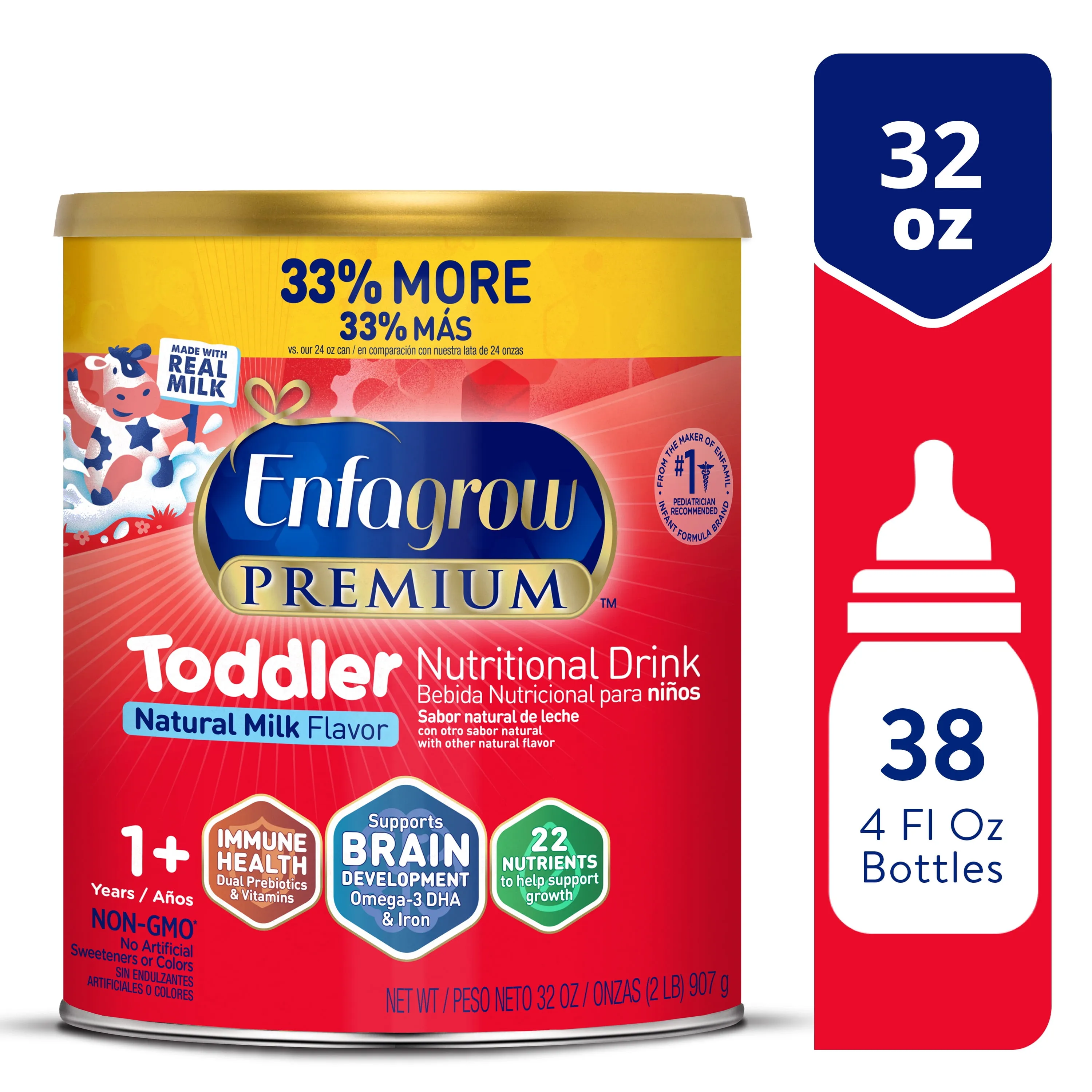 Enfagrow PREMIUM Toddler Nutritional Drink, Natural Milk Flavor, Omega-3 DHA for Brain Support, Prebiotics & Vitamins for Immune Health, Non-GMO, Powder Can, 32 Oz