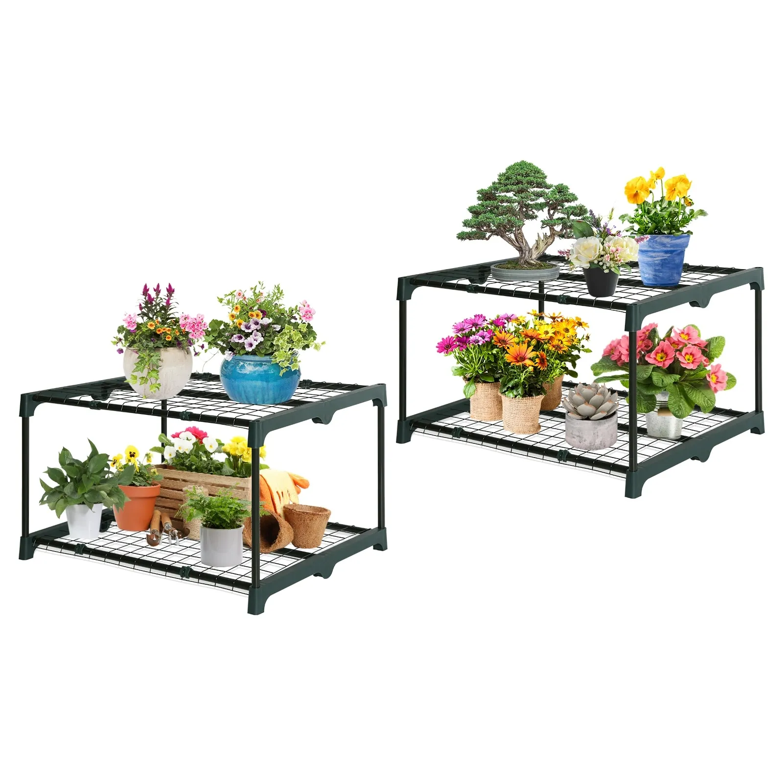 EAGLE PEAK Greenhouse Shelving Staging Double 2 Tier, Outdoor/Indoor Plant Shelves, 27" x 19" x 16", Green