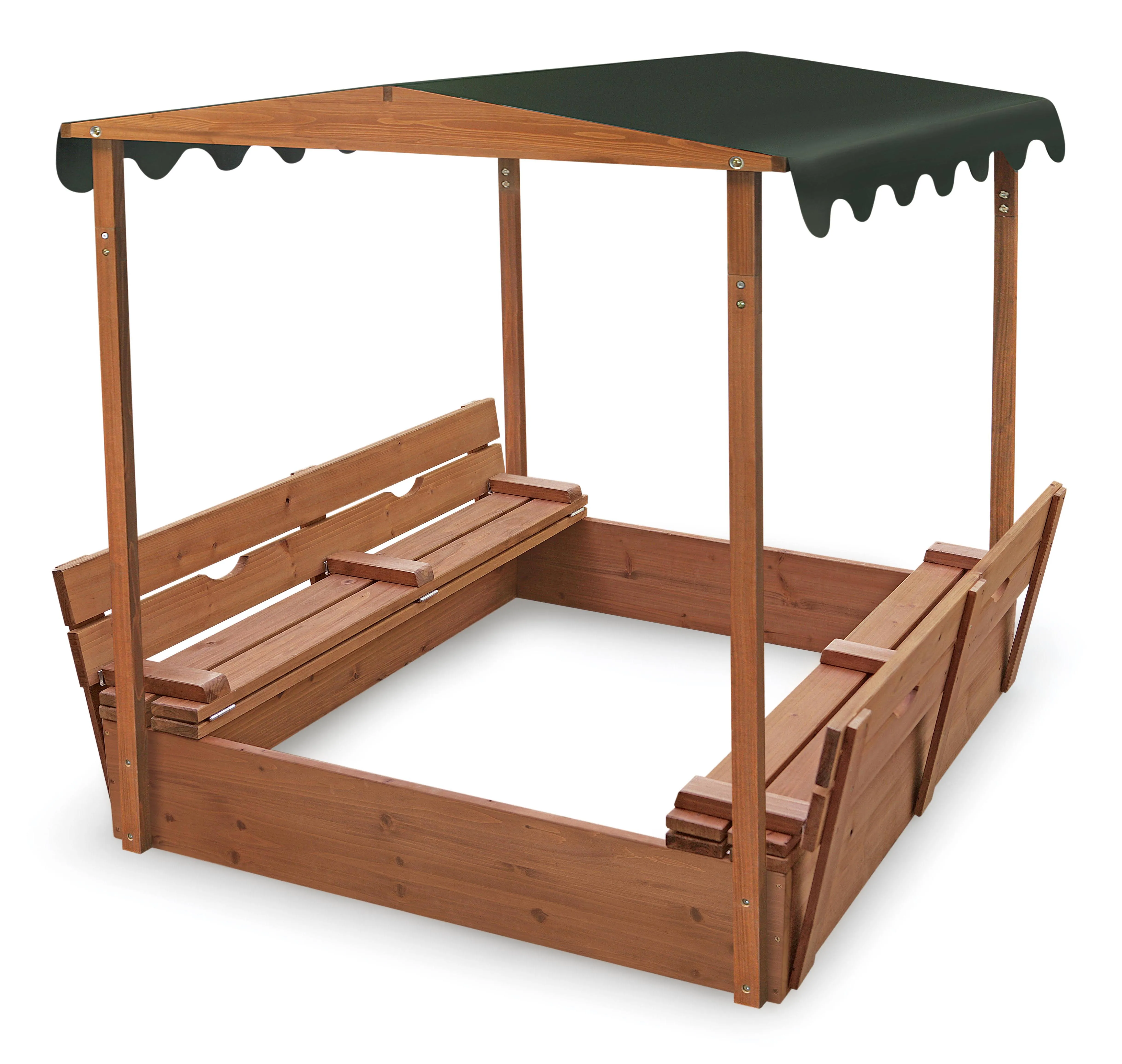 Badger Basket Covered Convertible Cedar Sandbox with Canopy Two Bench Seats, Brown/Green