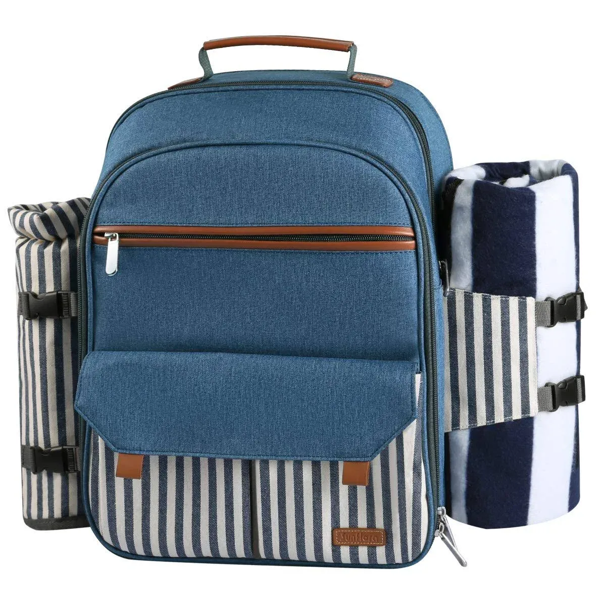  Picnic Backpack for 4 Person with Blanket Picnic Basket Set for Blue &amp; Stripe