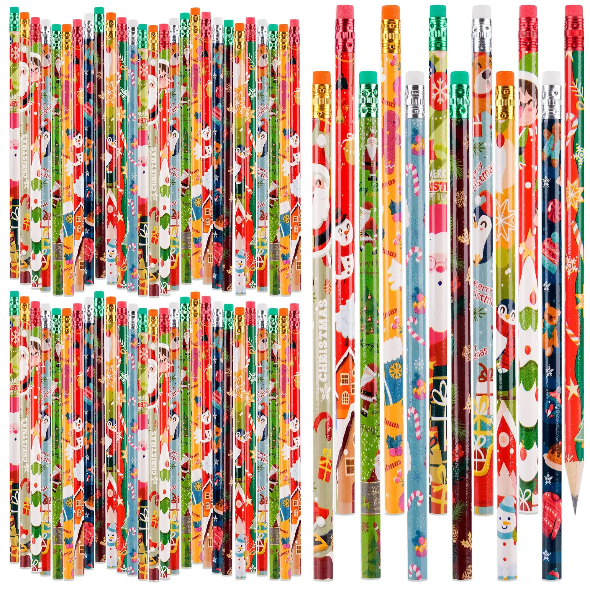 100 Pieces Christmas Pencils Xmas Wood Pencils With Eraser Tops Snowman Santa An