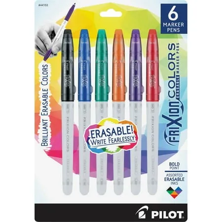 Pilot FriXion Colors Erasable Stick Marker Pen, 2.5mm, Assorted Ink, White Barrel, 6/Pack