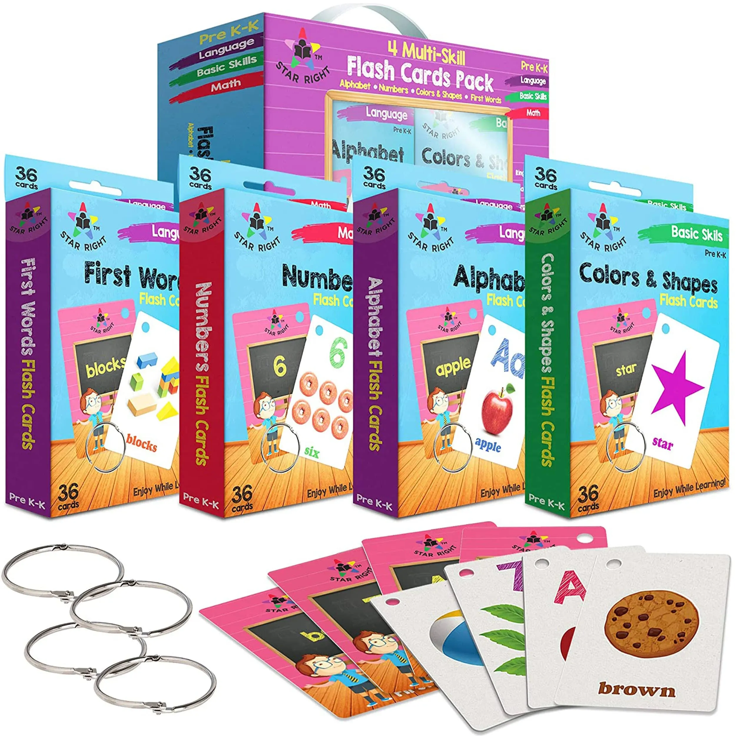 Star Right Flash Cards Set of 4 Numbers Alphabets First Words Colors Shapes