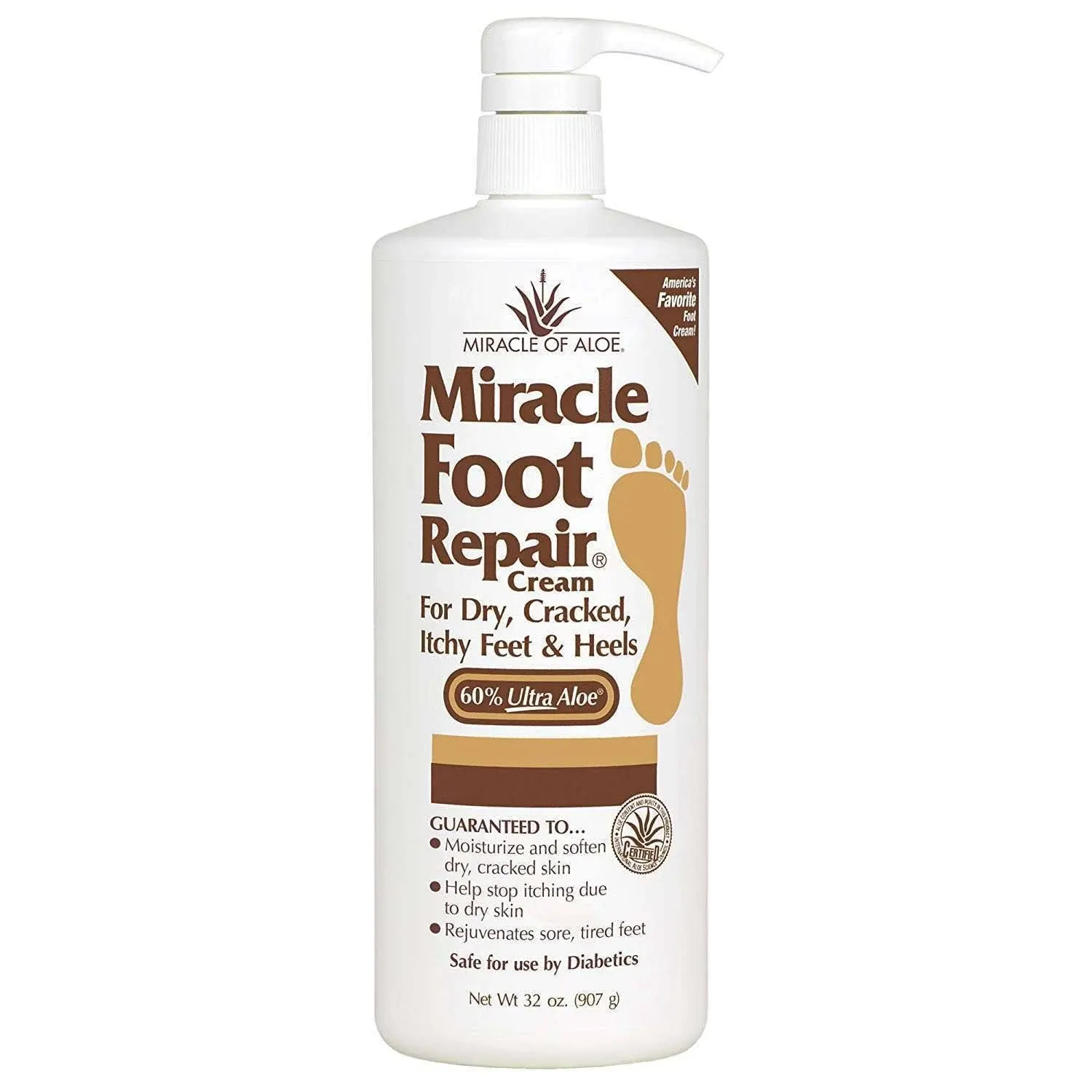 Miracle Foot Repair Cream 32 Ounce Bottle 60% Pure Aloe Vera Gel Fast Relief for Dry, Cracked, Itchy Feet and Heels Moisturizes Softens.