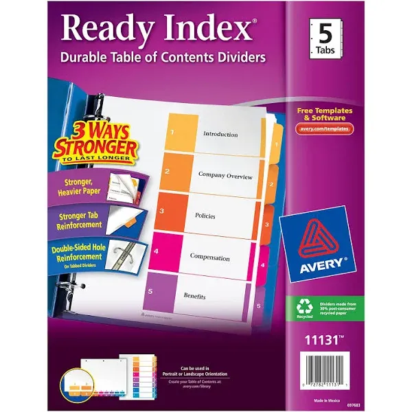 Avery Ready Index Reference Dividers, Table of Contents, 5 Tabs