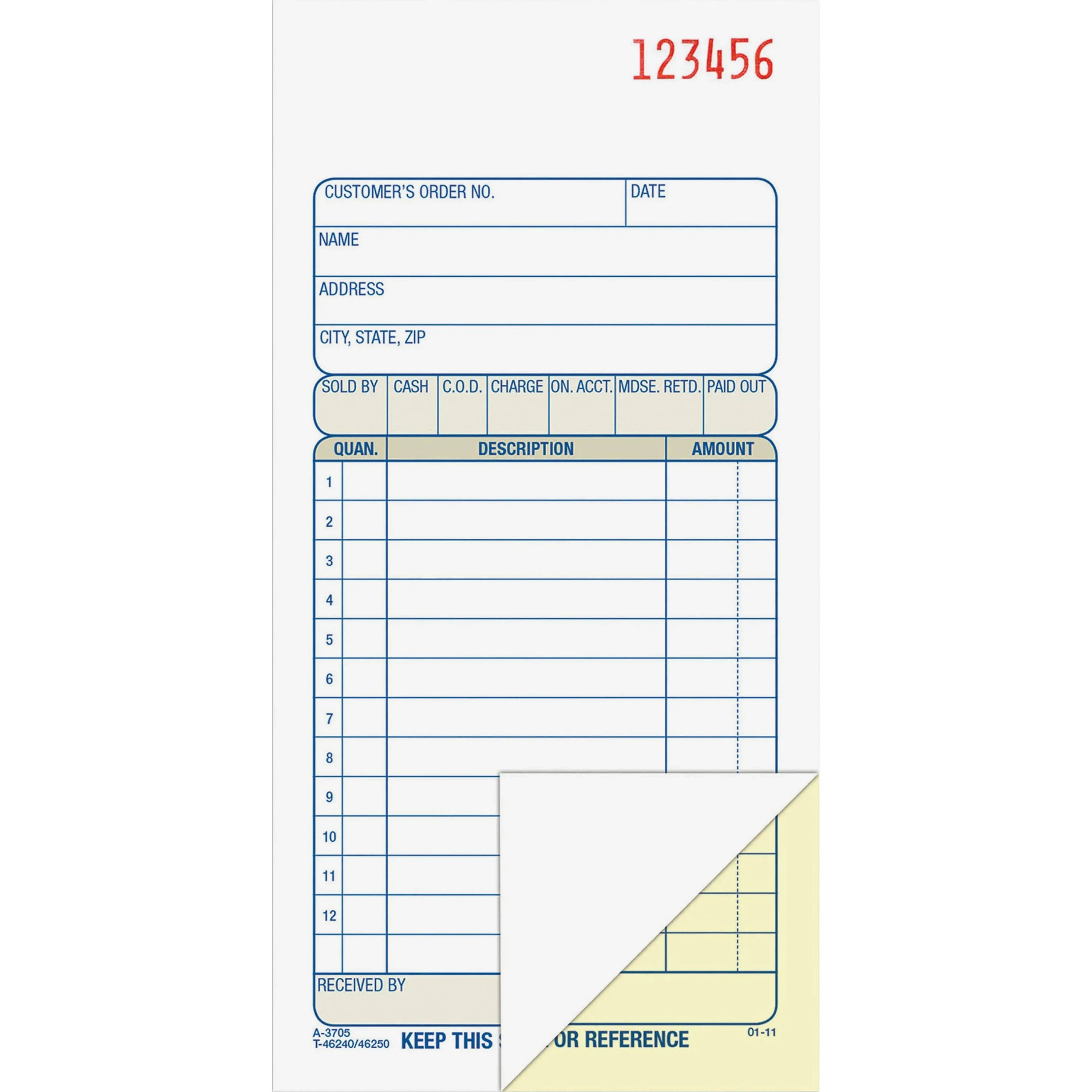 Adams Carbonless Sales Order Books - 50 Sheets - 2 Part - Carbonless - 7.18" X 3.34" Sheet Size - Assorted - 1each (DC3705)