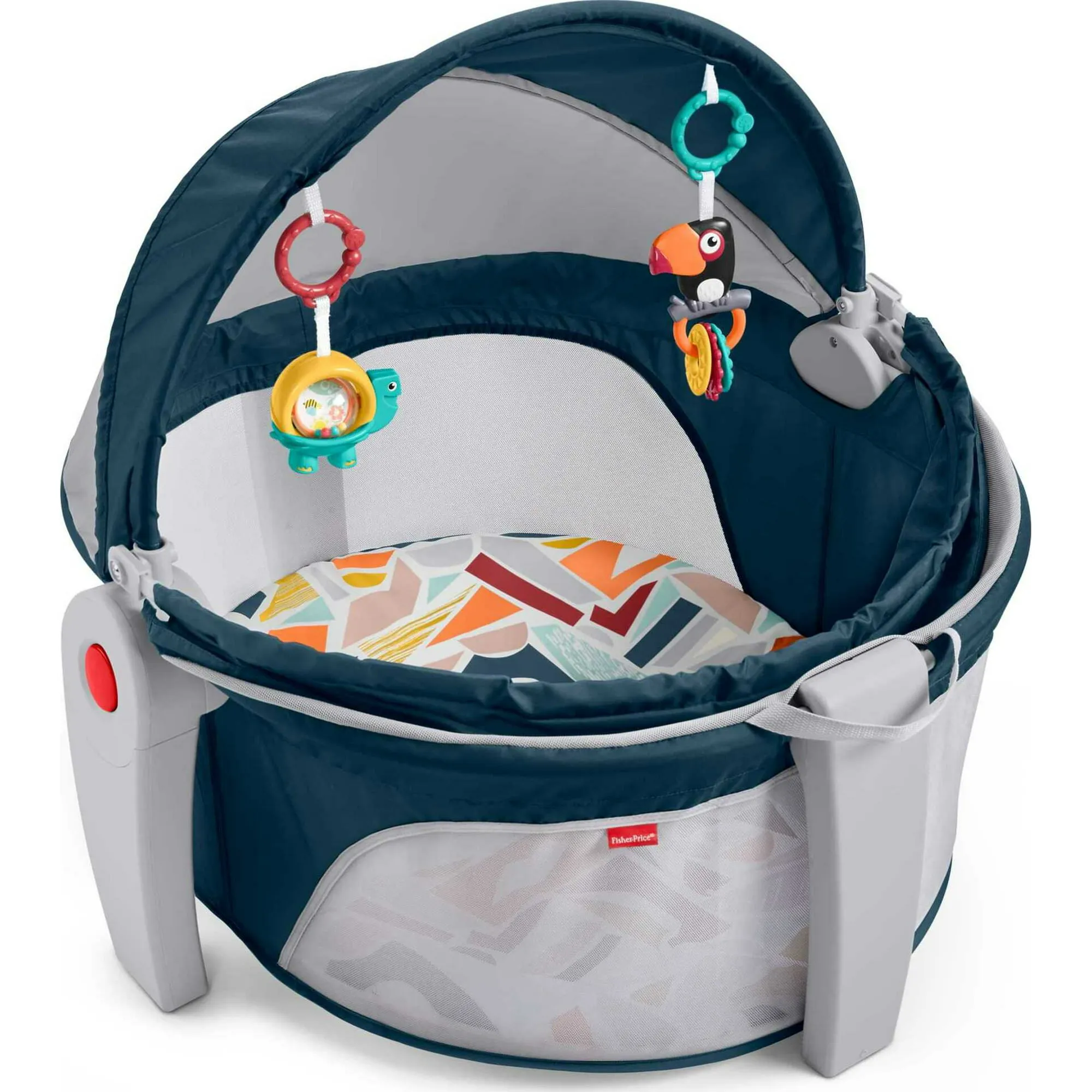 Fisher-Price Portable Bassinet And Play Space On-The-Go Baby Dome With Developmental Toys And Canopy, Rosy Windmill, Grey/Pink