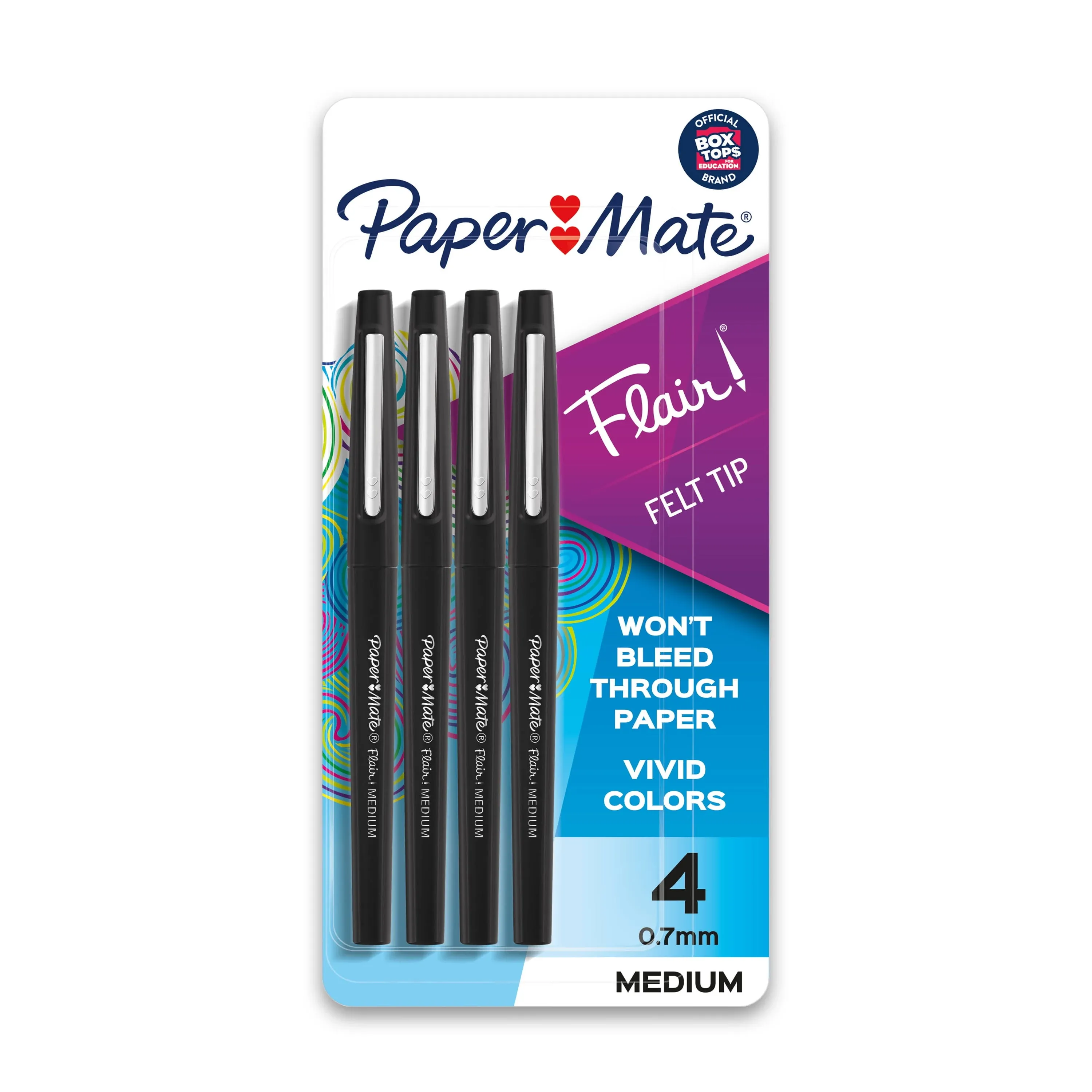 Paper Mate Flair Felt Pen, Medium Point, 0.7mm, Black Ink, 4 Pack (84344)