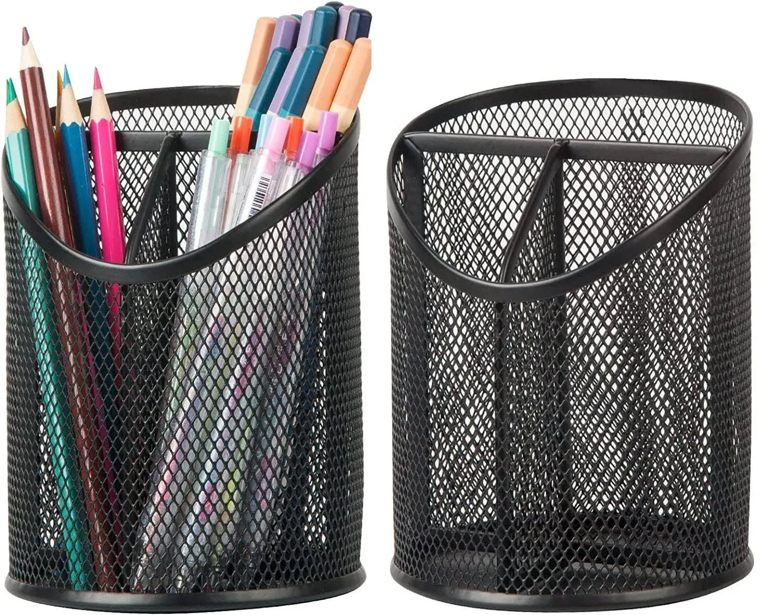 2 Pack Pen Holder Pen Organizer for Desk Mesh Round Pencil Holder Desktop Organizer 3 Compartments Pencil Organizer Desk Organizer for Office Home School, Black