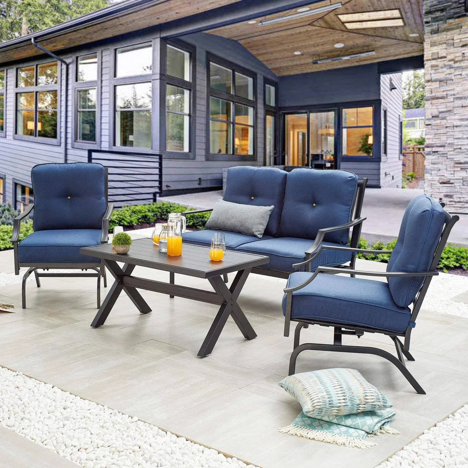 Top Home Space 4-Piece Metal Patio Conversation Set with Blue Cushions