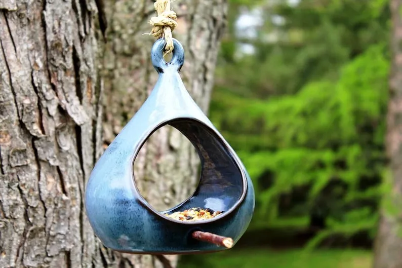 Bird feeder – Pottery drop shaped bird feeder, Hanging pottery bird feeder, Garden decoration, Ceramic, Stoneware, Handmade, Wheel thrown