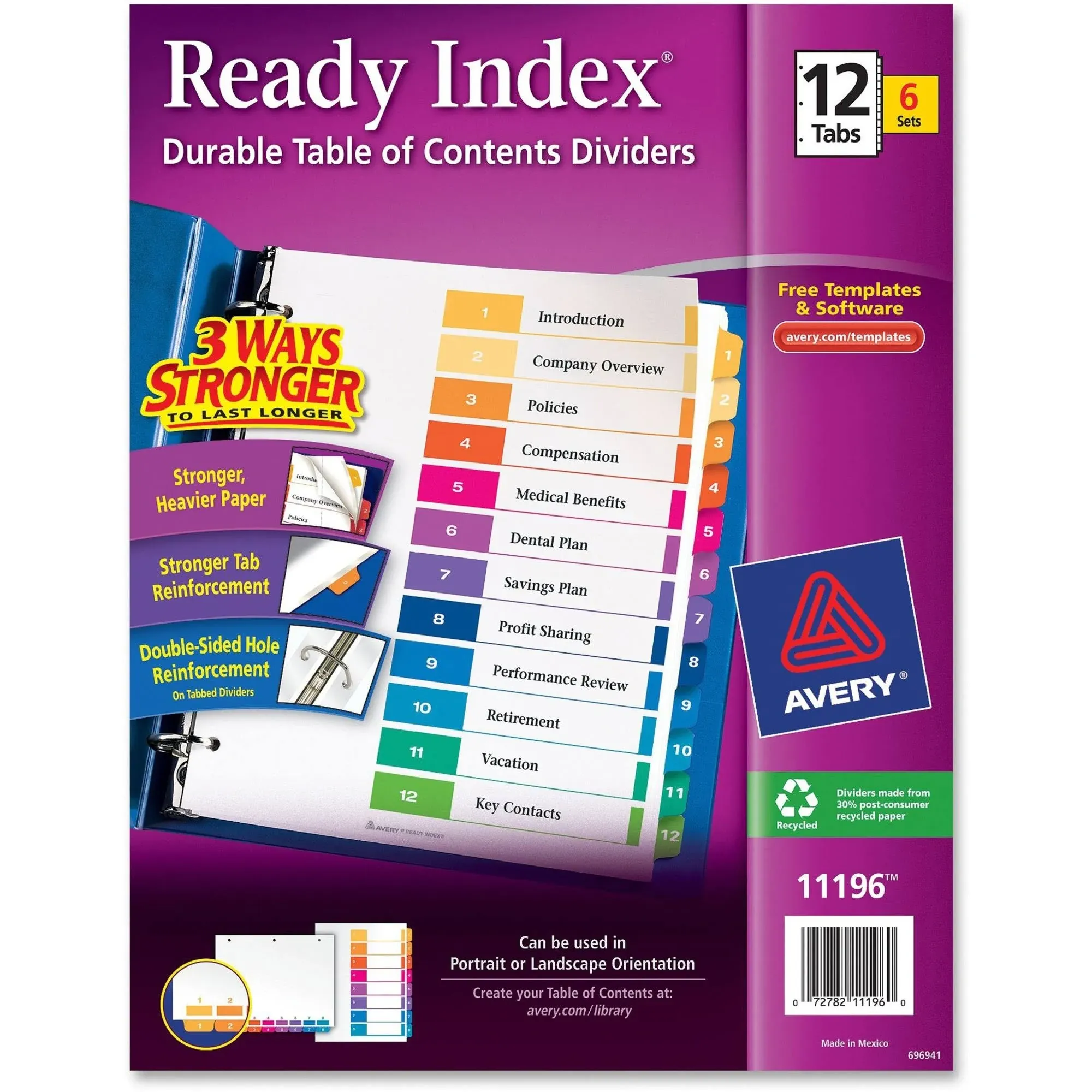 Avery Ready Index 12 Tab Dividers, Customizable Toc, 6 Sets (11196)