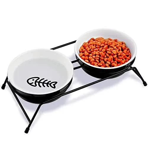 Cat Bowls, Upgraded 13 oz Ceramic Elevated Cat Food Bowls for Food and Water, Raised 2 Cat Dishes with Stainless Steel Stand Non-Slip and Anti-Rust, F