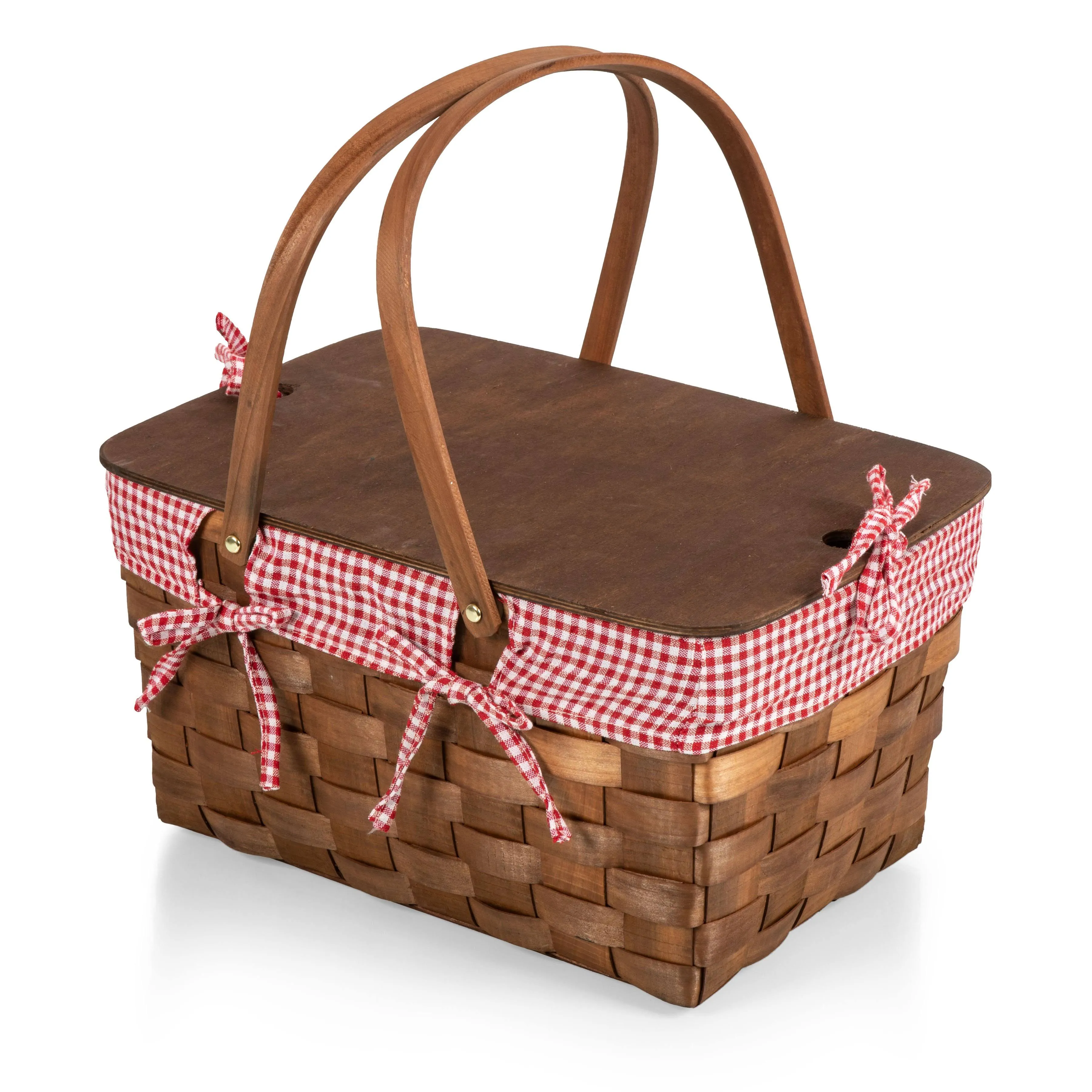 Picnic Time Kansas Red & White Gingham Pattern Handwoven Wood Picnic Basket