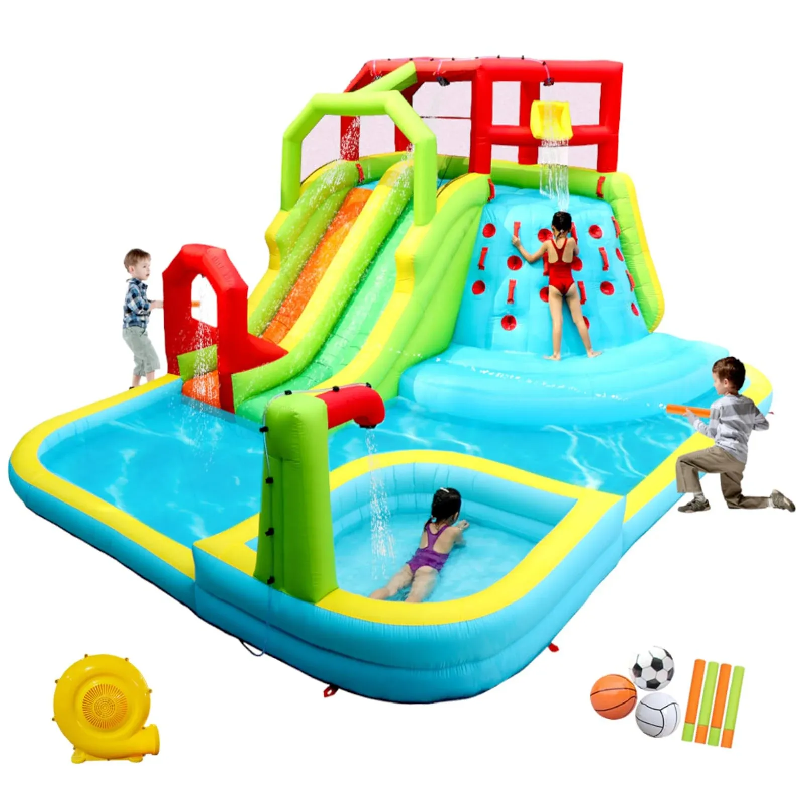 WELLFUNTIME Inflatable Water Slide Park with Splash Pool Climb The Wall, 3 Inflatable Sport Balls and 4 Water Guns, Water Slide with Air BlowerWELLFUNTIME Inflatable Water Slide Park with Splash Pool Cli…