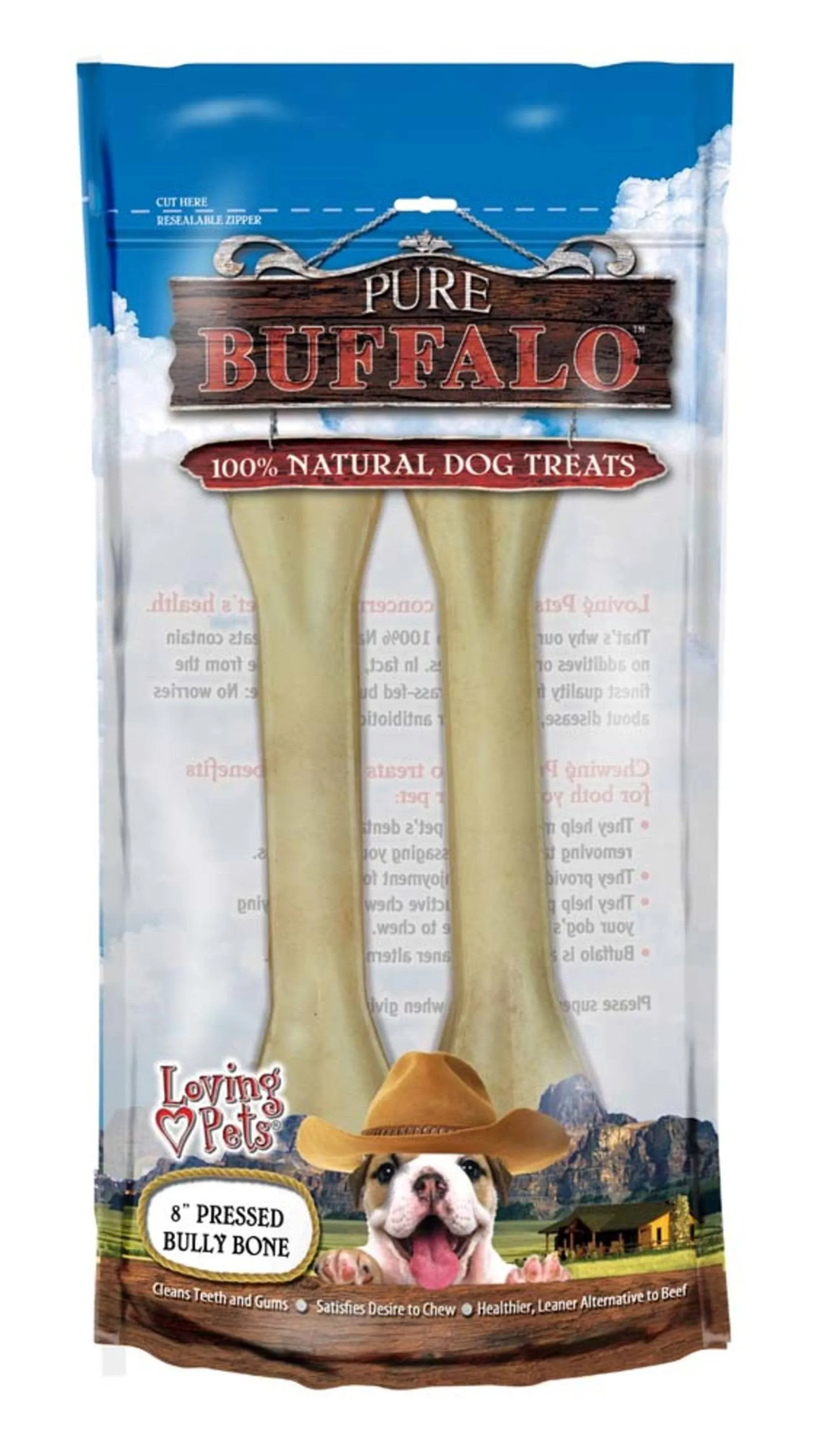 LM Loving Pets Pure Buffalo Dog Treats - Pressed Bully Bone 8&#034; Bones (2 Pack)