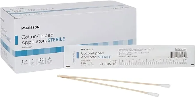 McKesson Cotton-Tipped Applicator Swabstick, Sterile, Wood Shaft, 6 in, 100 Count, 1 Pack