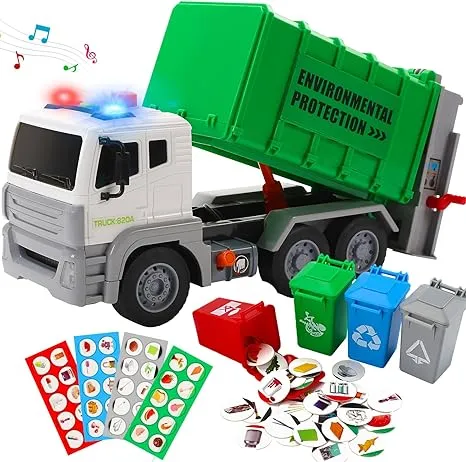 CUTE STONE 12" Garbage Truck Toys Trash Truck Recycle Truck with Sound and Light, Friction Powered Truck with 4 Garbage Cans, Push and Go Pull Back Car, Birthday Gift for Boys Kids