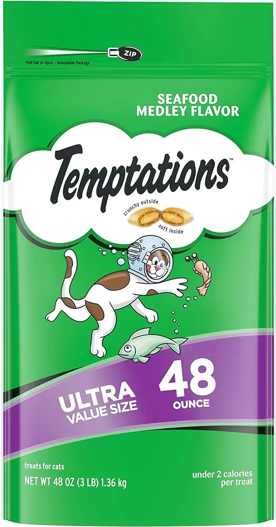 Temptations Classic Crunchy and Soft Cat Treats Seafood Medley Flavor, 48 oz. PouchTemptations Classic Crunchy and Soft Cat Treats Seafood Medley Flavor, 48 oz. Pouch