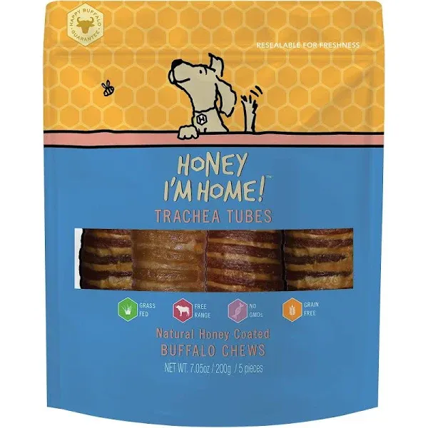 Honey I'm Home Natural Honey Coated Buffalo Trachea Tubes Dog Chews, 5-pack