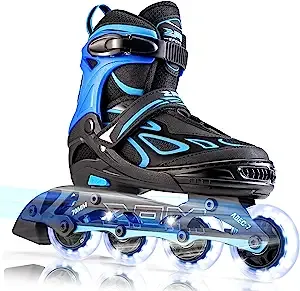 2PM Sports Vinal Girls Adjustable Flashing Inline Skates, All Wheels Light Up, Fun Illuminating Skates for Kids and Men