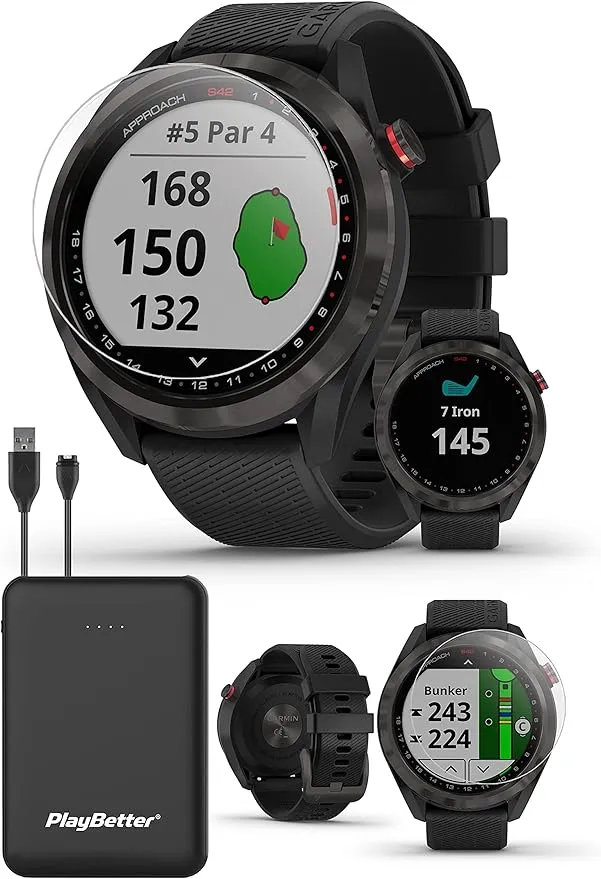 Garmin Approach S42 (Gunmetal/Black) Golf GPS Watch | Golfer's Bundle with Portable Charger & HD Tempered Glass Screen Protectors (x2) | 42,000+