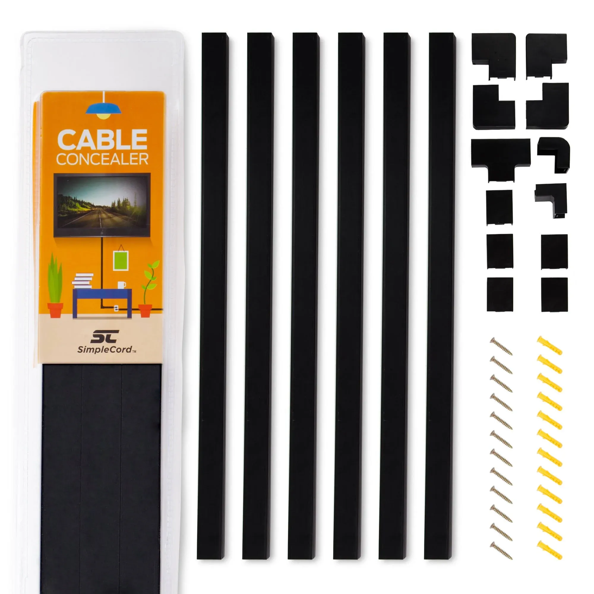 Black Cable Concealer On-Wall Cord Cover Raceway Kit - Cable Management System