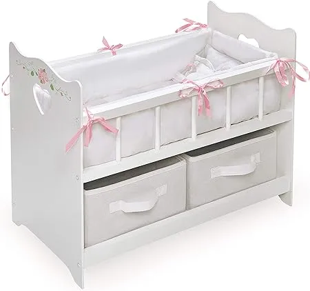 Badger Basket Wooden Doll Bed with Bed Liner, Pillows and Two Storage Baskets - Fits 18-Inch Dolls, White/Rose