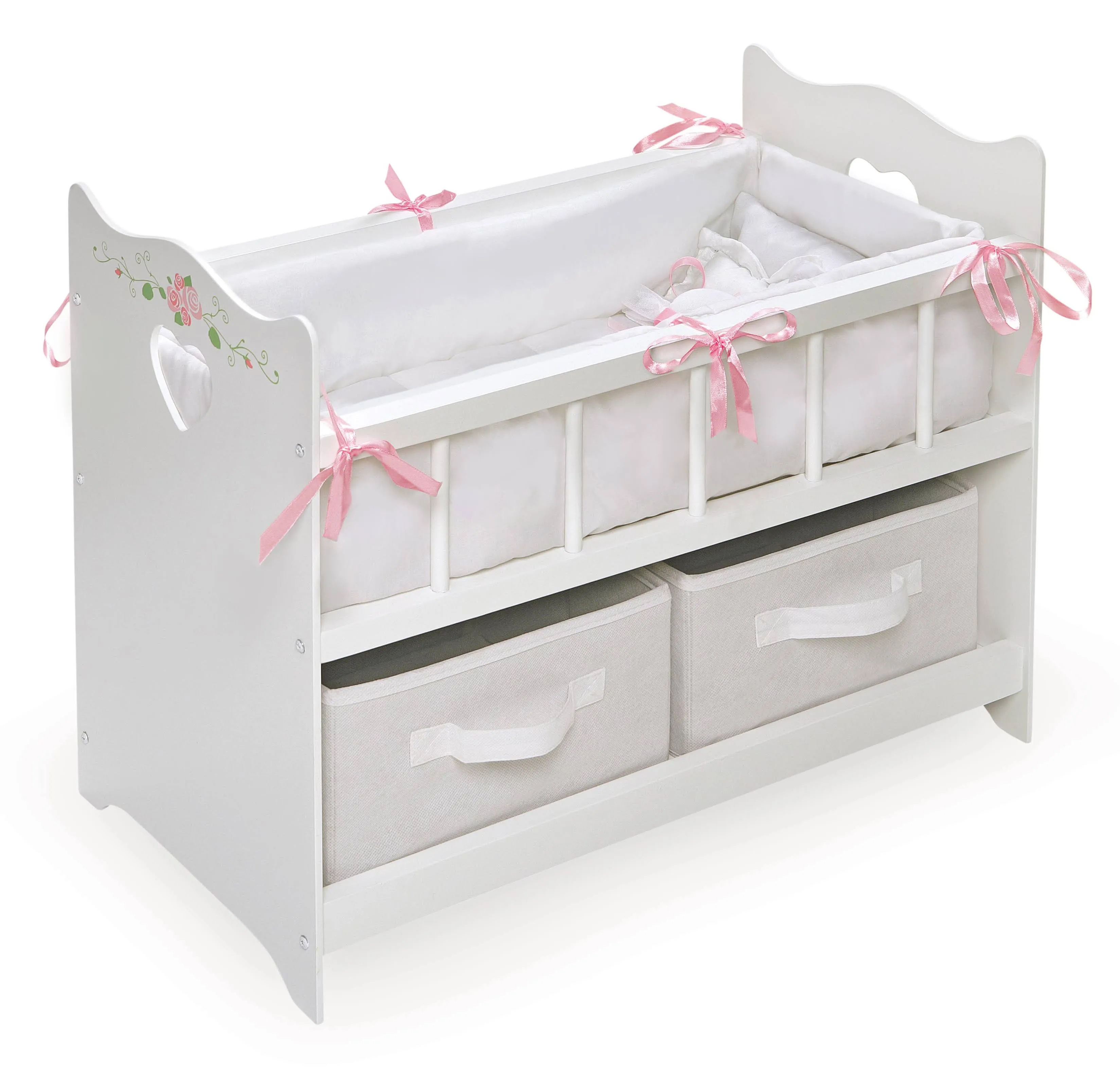 18&#034; Doll Crib w/ 2-Baskets Bedding Set Wooden Pretend Play Furniture Toy White