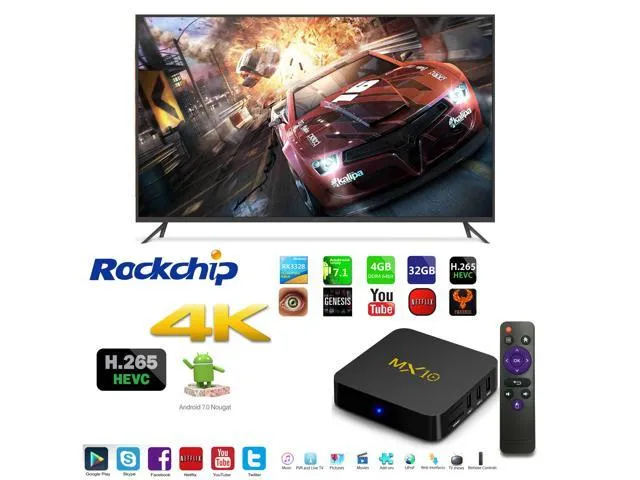 MX10 OTT IPTV Internet Smart TV Box 4K Ultra HD Android 7.1 Quad Core 1.5GHz RAM:4GB/ROM:32GB Network Streamer Media Player