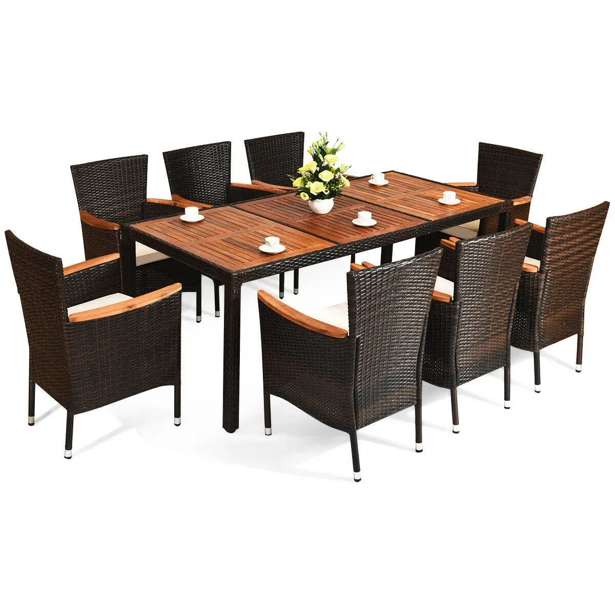 Costway 9PCS Patio Rattan Dining Set Cushioned Acacia Wood Table