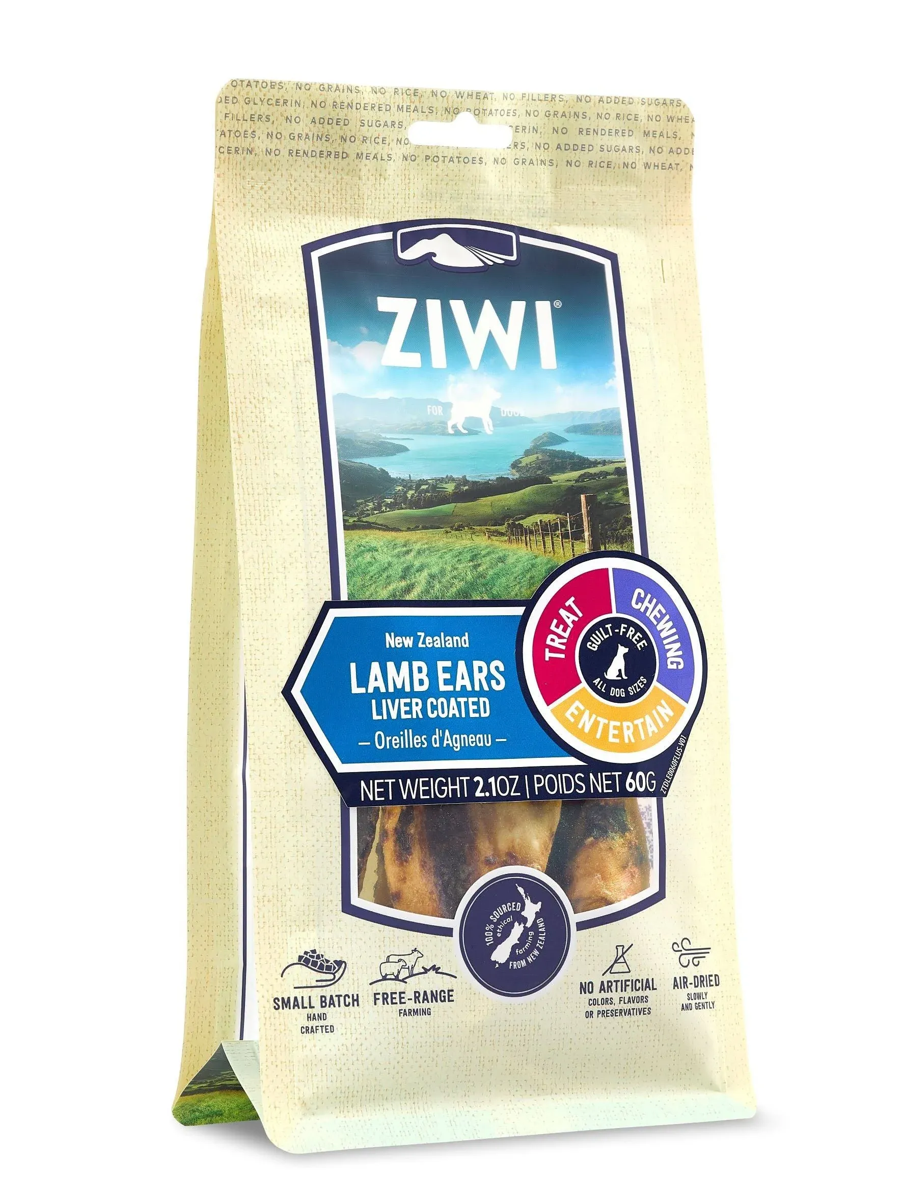 ZIWI Dog Chews and Treats – All Natural, Air-Dried, Single Protein, Grain-Free, High-Value Treat, Snack, Reward (Lamb Ears) 2.1 Ounce (Pack of 1)