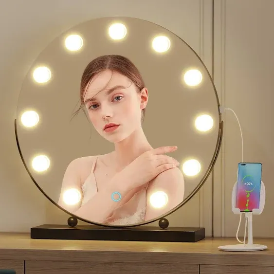 LVSOMT Hollywood Vanity Makeup Mirror with Lights 5X Magnification 3 Color Lighting Dimmable LED Mirror 360° Rotation USB Port Large Round Lighted Up Mirror for Bedroom Table Desk Black