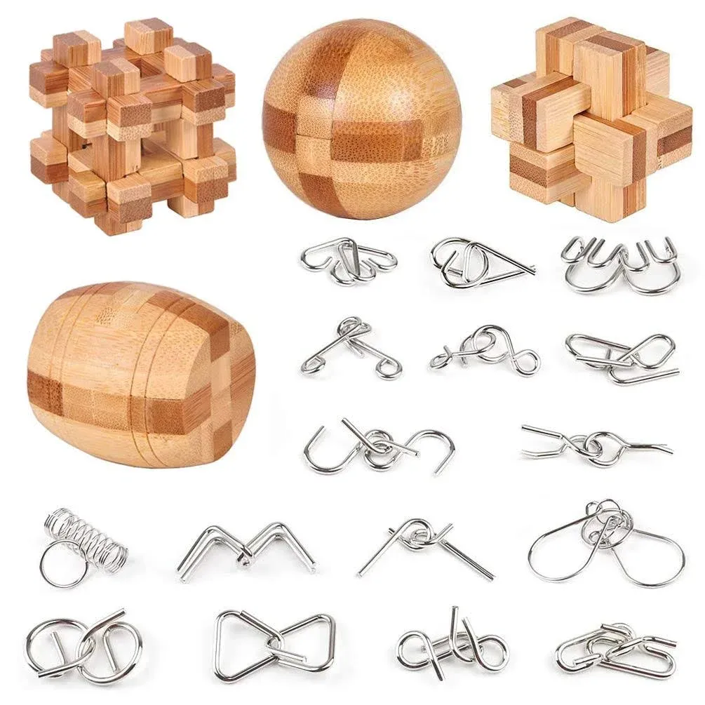 Brain Teaser Puzzle 20Pcs Unlock Interlock Game IQ Test Wooden Toy 3D Unlock Int