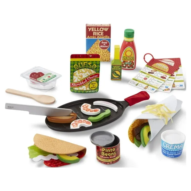 Melissa & Doug Fill & Fold Taco & Tortilla Set, 43 Pieces – Sliceable Wooden Mexican Play Food, Skillet, and More - FSC Certified