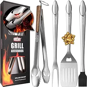 GRILLART BBQ Tools Grill Tools Set - 18Inch Grilling Tools BBQ Set - Grill Accessories w/BBQ Tongs, Spatula, Fork, Brush - Stainless Grill Kit Grilling Set - Gift Ideas BBQ Accessories, Gifts for MenGRILLART BBQ Tools Grill Tools Set - 18Inch Grilling T…