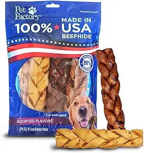 Pet Factory 100% Made in USA Beefhide 7" Braided Sticks Dog Chew Treats - Beef & Chicken Flavor, 6 Count/1 Pack