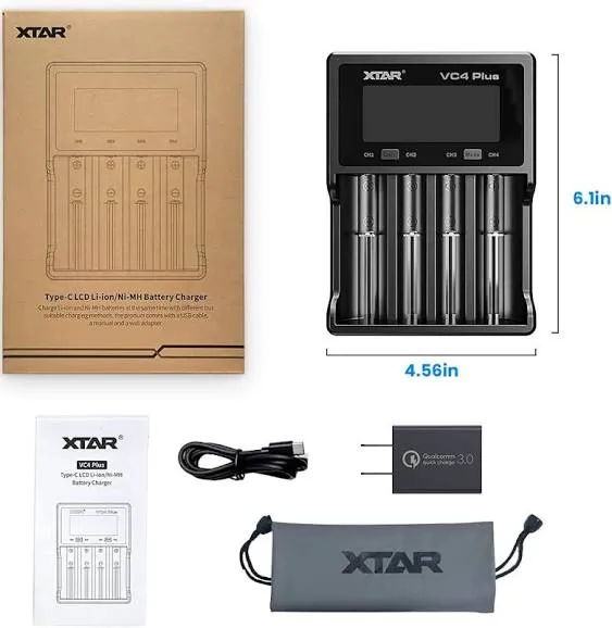 XTAR VC4 plus Battery 3A Fast Charger, 4 Bay Rechargeable Battery Charger Extend