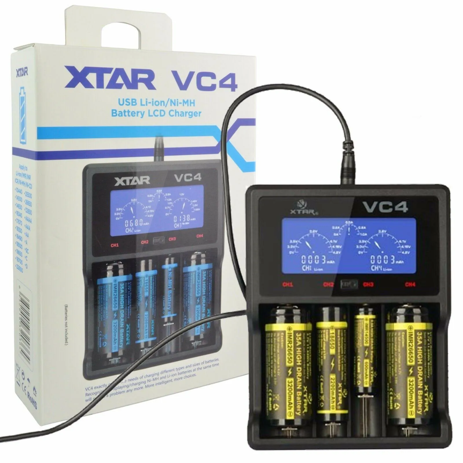 XTAR VC4 USB Charger LCD Display Li-ion Ni-MH w/USB Car and Wall Adaptors 