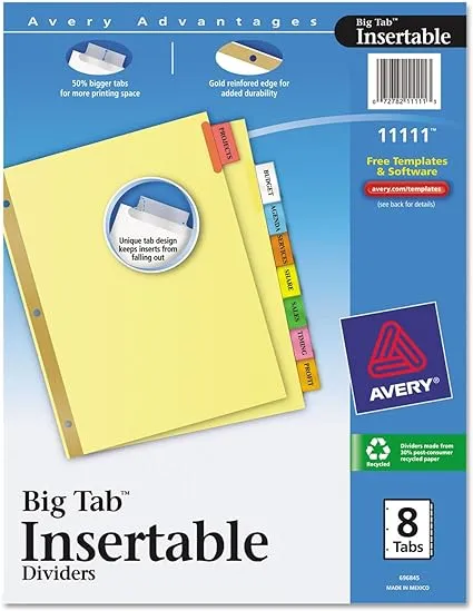 Avery 8-Tab Binder Dividers, Insertable Multicolor Big Tabs, 48 Sets (11111)