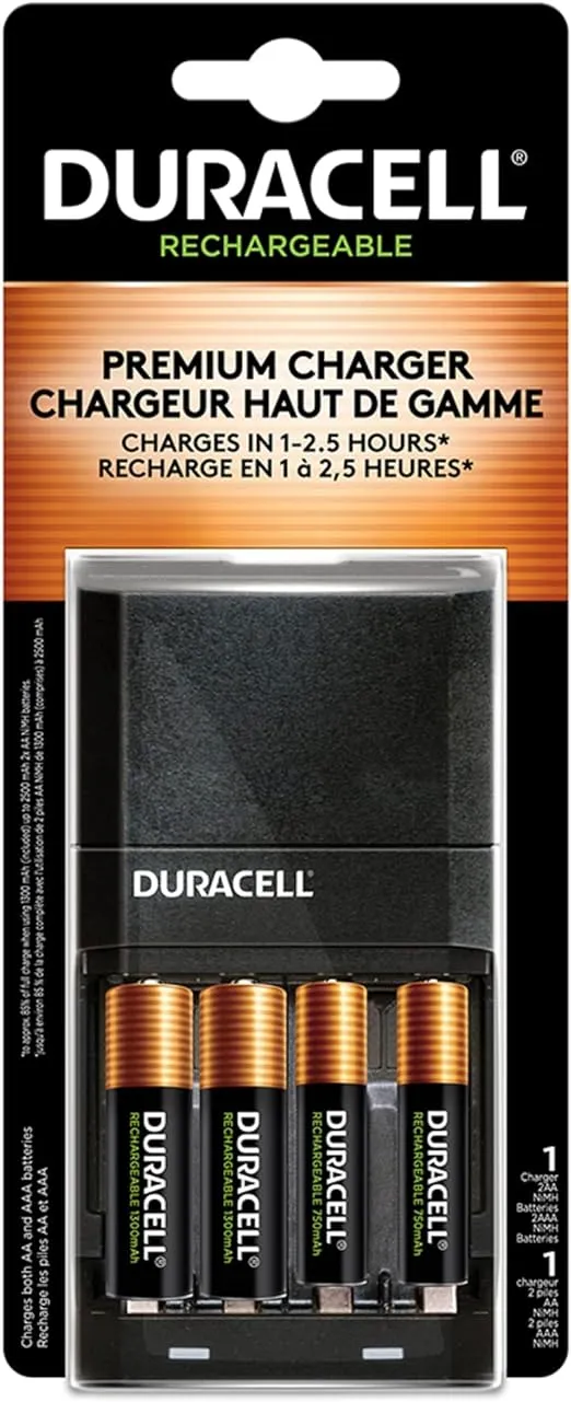 Duracell Ion Speed 4000 Battery Charger for AA and AAA batteries, Includes 2 Pre-Charged AA and 2 AAA Rechargeable Batteries, for Household and Business Devices